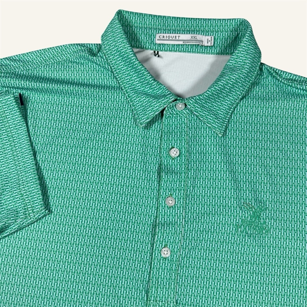 Criquet Polo Shirt Mens 2XL Green Bottle Opener Performance Golf Geometric AOP